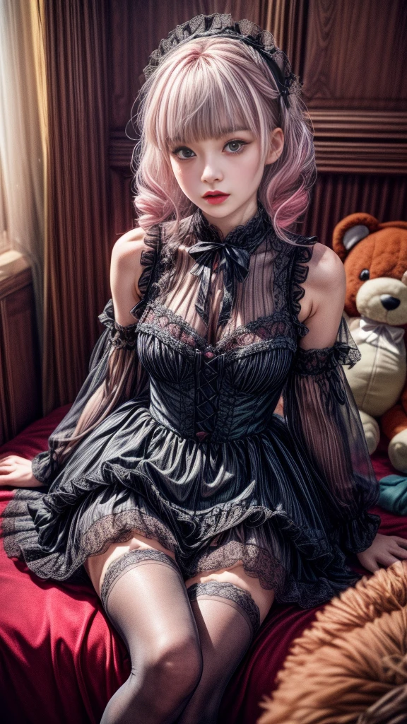 Mature Woman、Pink Hair、Light gray hair、((Two-tone hair))、Black ta dress with delicate pink embellishments、Slender women、Cute Woman、 8K Ultra HD,Detailed face、Delicate texture, Long Hair、(((Blunt bangs)))、(((Drill Hair)))、Tutu skirt、Thigh-length lace tights、short boots、((Ethnic Loli、mini skirt、A room in a Western-style building、((Delicate photo)),(Girl Astepeace RAW Photo Details:1.25), (highest quality:1.6), (超A high resolution:1.5), (Realistic:1.75), 8K resolution, Canon EOS R5, 50mm, Absurd, Super detailed,Cinema Lighting、((stuffed toy:1.25))、nsfw:1.45