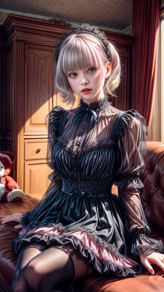 Mature Woman、Pink Hair、Light gray hair、((Two-tone hair))、Black Lolita dress with delicate pink embellishments、Slender women、Cute Woman、 8K Ultra HD,Detailed face、Delicate texture, Long Hair、(((Blunt bangs)))、(((Drill Hair)))、Tutu skirt、Thigh-length tights、short boots、((Sweet Lolita))、mini skirt、A room in a Western-style building、((Delicate photo))，(Girl Astepeace RAW Photo Details:1.25), (highest quality:1.6), (超A high resolution:1.5), (Realistic:1.75), 8K resolution, Canon EOS R5, 50mm, Absurd, Super detailed,Cinema Lighting、((stuffed toy:1.25))