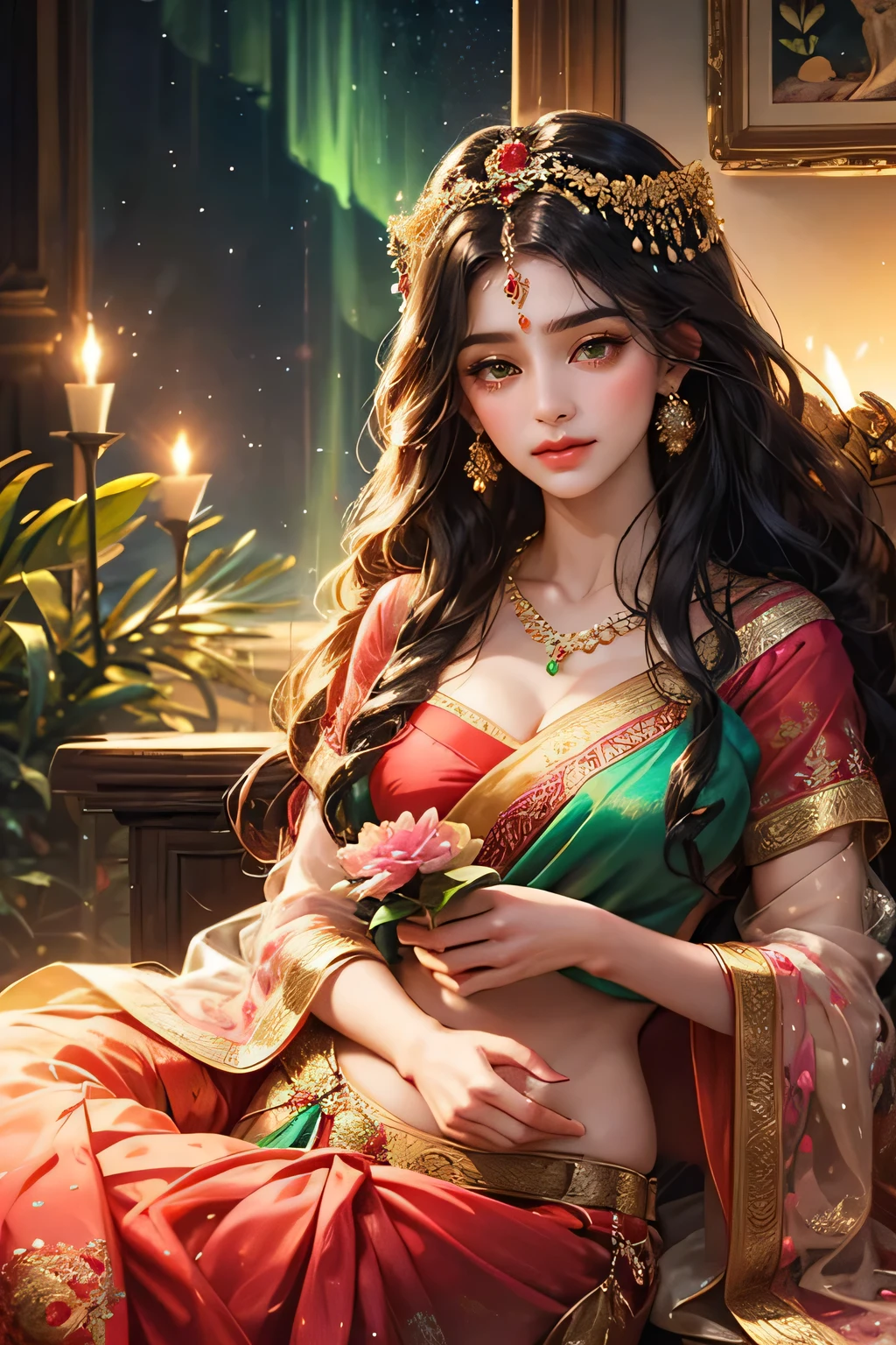 Goddess parvati, animated style, closeup shot, anime in a red and green combination indian dress(saree or lahaenga choli), long black hair wavy hair untied with hair ornaments, innocent expression, bright big blake eyes, holding a flower, natural beauty, vibrant colors, dreamy, northern light, pink bubble, romantic, soft lighting, vintage aesthetic