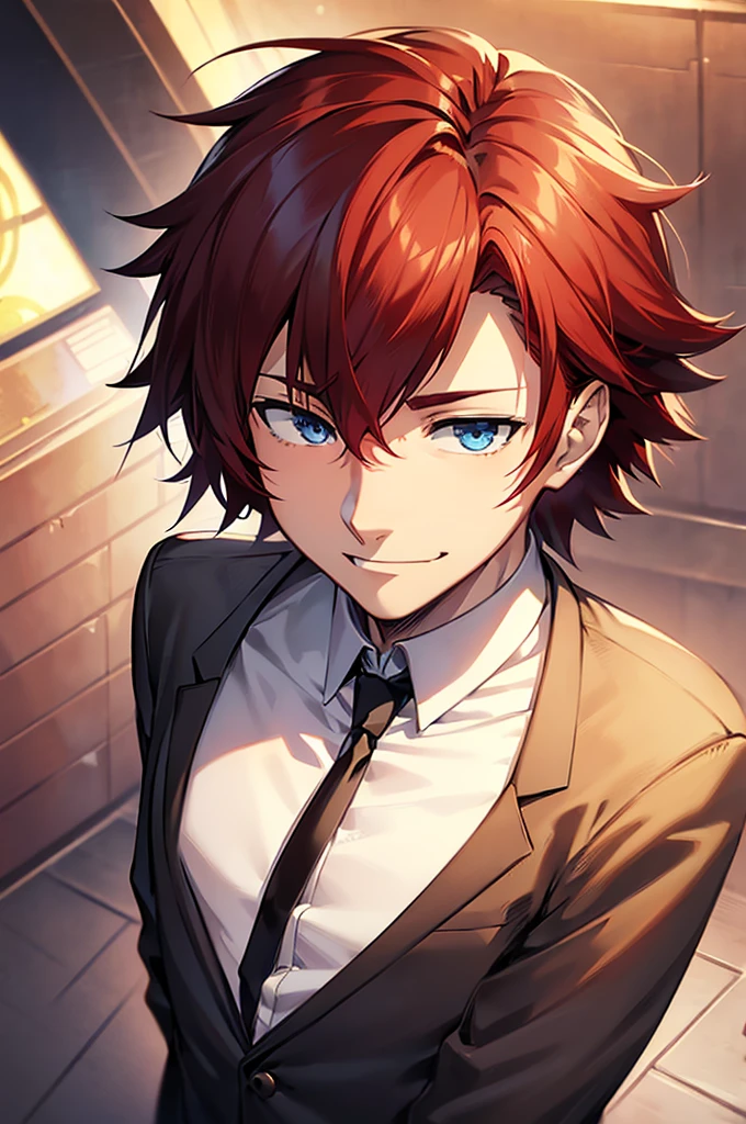 (confident young man, smirking, red hair, short hair, messy hair, blue eyes, black suit and black tie), (anime art, Makoto Shinkai), (4k, high detail), (masterpiece), (intricate detail)