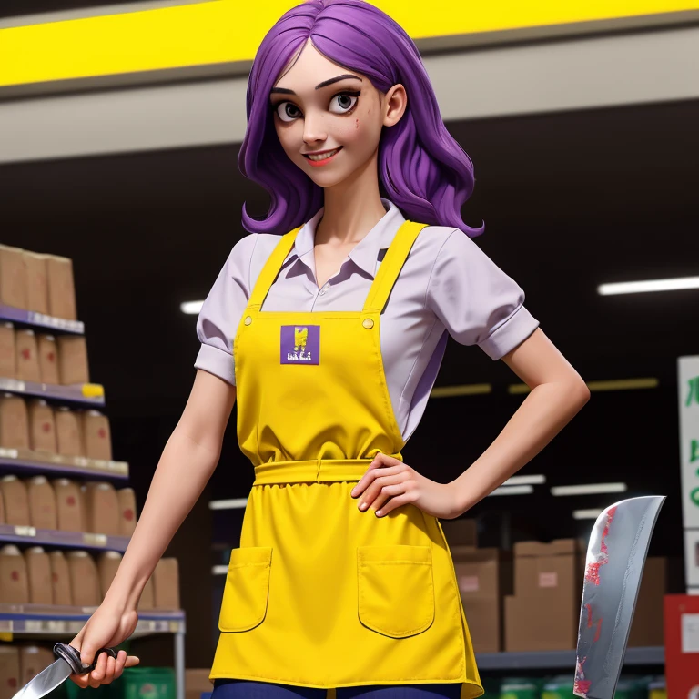 (masterpiece:1.3) 1girl, , (female serial killer:1.5) (skinny with an ugly face:1.3) working at Walmart, wearing an apron with topless under the apron, wide eyes, blood stains on clothes, short khaki shorts, big evil smile, (holding a knife:1.3), horror Walmart  background, florescent grocery store lighting, deep shadows , extreme details, , complimentary lighting colors, deep skin, , brightly colored composition, "constricted pupils, small pupils, yellow glowing eyes", Slender Girl, OL, JK, purple bags_under_eyes, (
downblouse, BarbaraEvenot, Bags under eyes