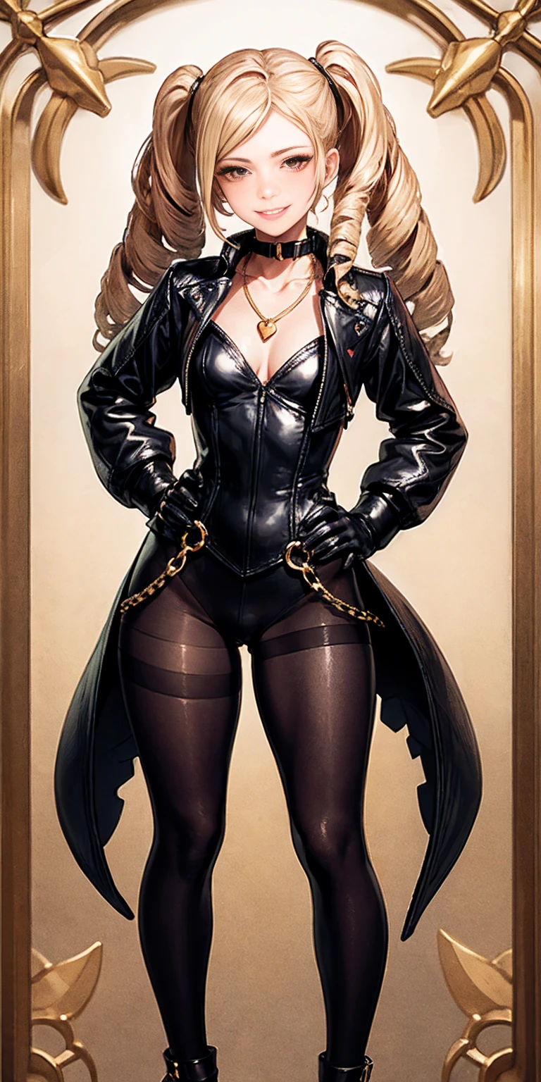 1solo Milf full body standing straight symmetrical, looking at viewer, hands on hips, twin drills twintails, striped pantyhose, golden handcuffs on their hands with a black leather collar around the golden heart necklace and black leather choker with golden bell, hands on hips, lustful smirking smile face red blushed