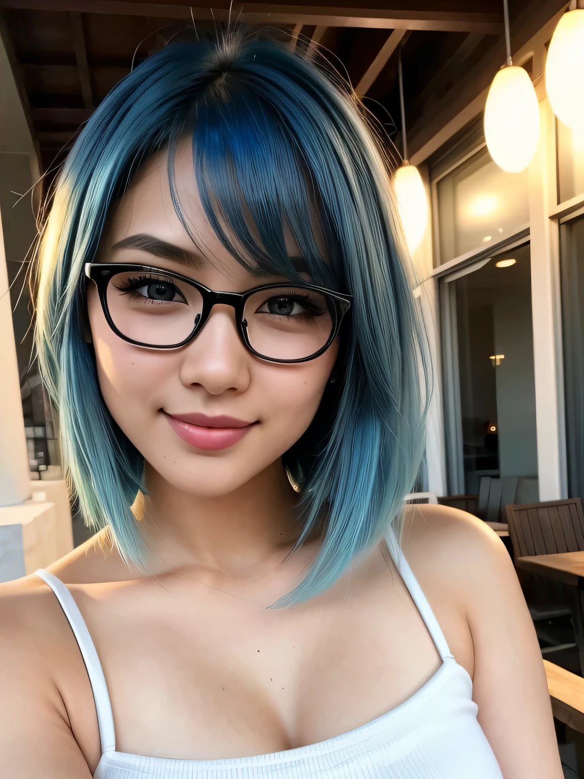 (blue hair:1.4), short hair, realistic green eyes, cobalt hair,  long bob hair, tousled hair, shoulder length hair, Full body, woman with white skin and Asian features, 24 year old, big breast. She has a small, elegant nose with a slight upward curve at the tip. Her lips are full and naturally pink, with a well-defined Cupid's bow. Her teeth are straight and white, enhancing her captivating smile. Her face has an oval shape with high cheekbones that add to her model-like appearance. (crack), detailed (texture!, shine, color!!, flaws: 1.1), highly detailed glowing eyes, (looking at camera), specular light, dslr, extreme quality, crystal clear, cute face, detailed skin pores, oil Dark skin, brown, complex eye details, she is far from the camera, A full-body portrait, captured from a distance. Dynamic Frame, 8K, Best Quality, (8K、Raw photography、top-quality、​masterpiece:1.2)、(realisitic、Photorealsitic:1.37)、A high resolution、1 girl、 Cafe Terrace、Wearing glasses、Dynamic Angles、Cool knitwea、Fountain pen in hand

, short hair
