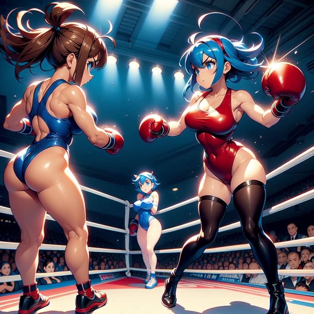 NSFW , on the Megaman boxing ring , Small woman and big woman , Fullbody shot , Wear Monokini swimsuit with pantyhose , Female boxing Face to face, oversized breasts.