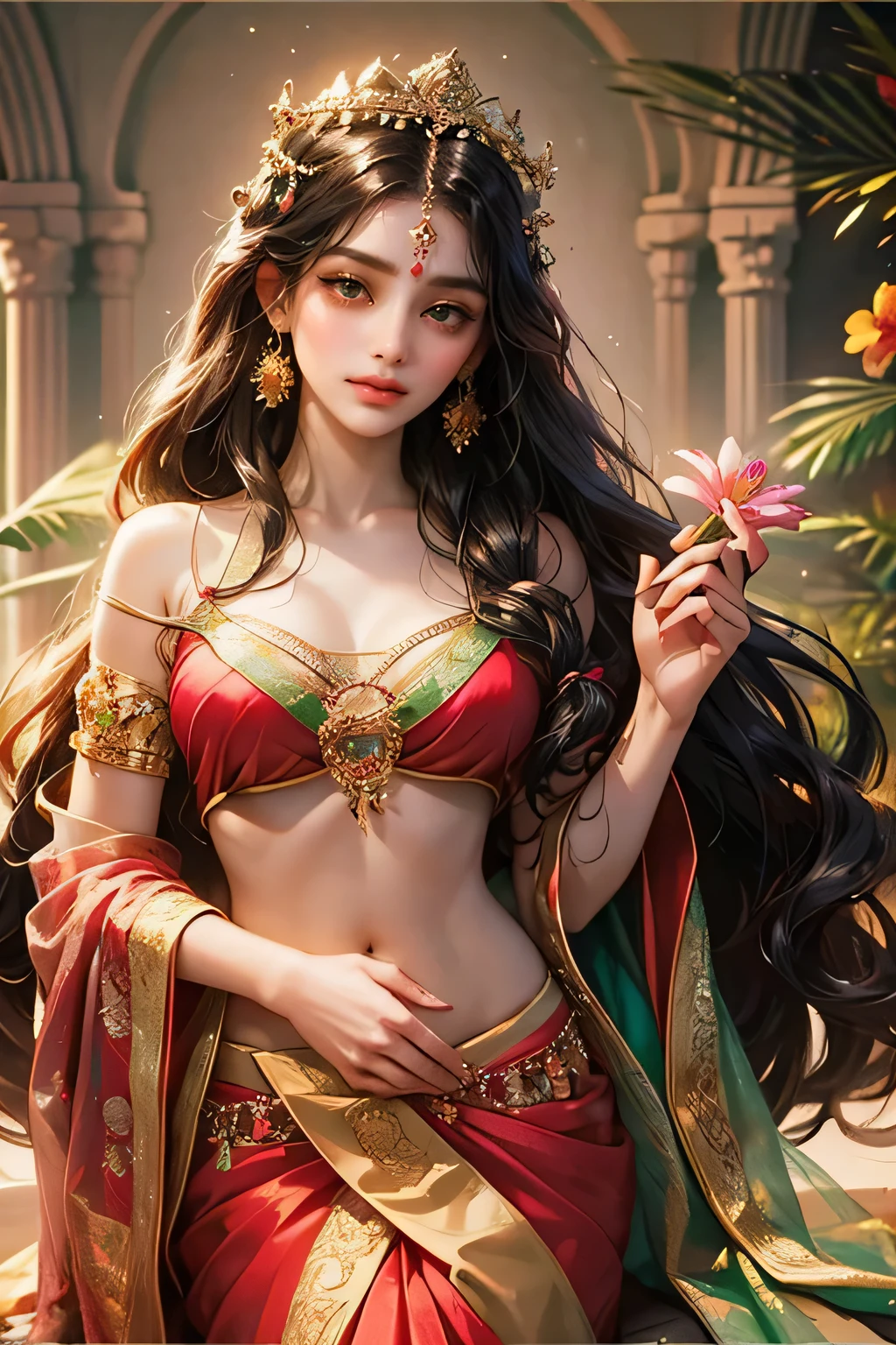 Goddess parvati, animated style, closeup shot, anime in a red and green combination indian dress(saree or lahaenga choli), long black hair wavy hair untied with hair ornaments, innocent expression, bright big blake eyes, holding a flower, natural beauty, vibrant colors, dreamy, northern light, pink bubble, romantic, soft lighting, vintage aesthetic