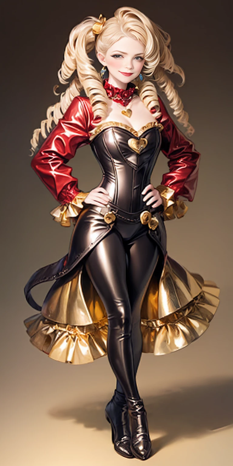 1solo Milf full body standing straight symmetrical, looking at viewer, hands on hips, twin drills twintails, striped pantyhose, golden handcuffs on their hands with a black leather collar around the golden heart necklace and black leather choker with golden bell, hands on hips, lustful smirking smile face red blushed