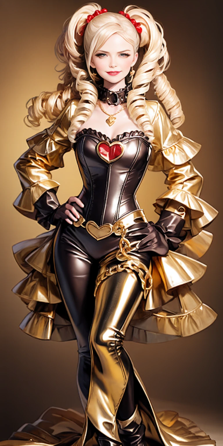 1solo Milf full body standing straight symmetrical, looking at viewer, hands on hips, twin drills twintails, striped pantyhose, golden handcuffs on their hands with a black leather collar around the golden heart necklace and black leather choker with golden bell, hands on hips, lustful smirking smile face red blushed