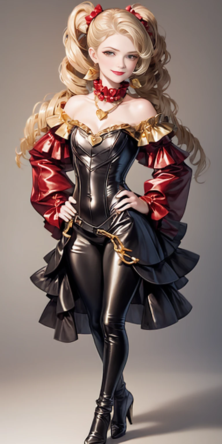 1solo Milf full body standing straight symmetrical, looking at viewer, hands on hips, twin drills twintails, striped pantyhose, golden handcuffs on their hands with a black leather collar around the golden heart necklace and black leather choker with golden bell, hands on hips, lustful smirking smile face red blushed