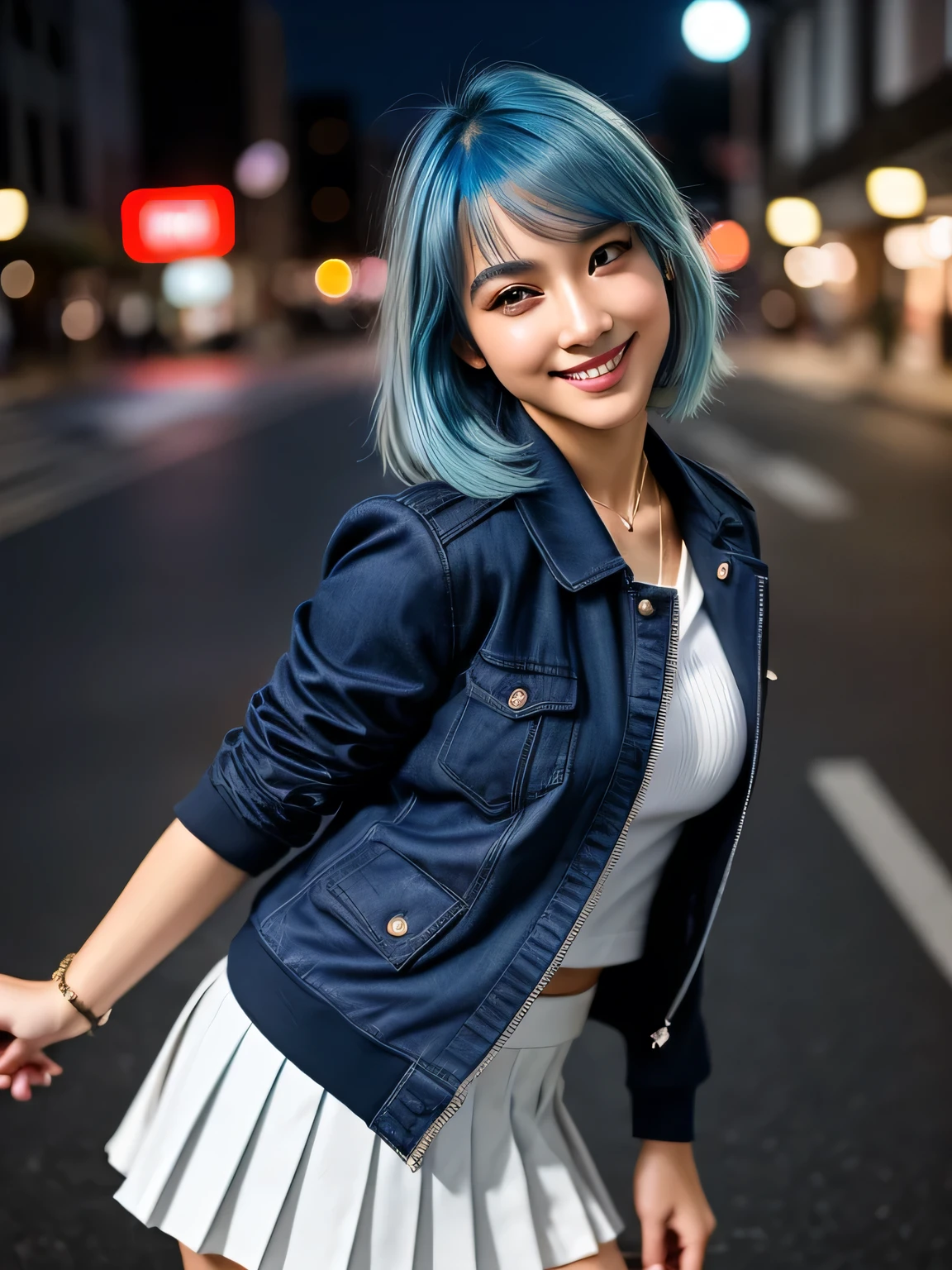 (blue hair:1.4), short hair, realistic green eyes, cobalt hair, long bob hair, tousled hair, shoulder length hair, Full body, woman with white skin and Asian features, 24 year old, big breast. She has a small, elegant nose with a slight upward curve at the tip. Her lips are full and naturally pink, with a well-defined Cupid's bow. Her teeth are straight and white, enhancing her captivating smile. Her face has an oval shape with high cheekbones that add to her model-like appearance. (crack), detailed (texture!, shine, color!!, flaws: 1.1), highly detailed glowing eyes, (looking at camera), specular light, dslr, extreme quality, crystal clear, cute face, detailed skin pores, oil Dark skin, brown, complex eye details, she is far from the camera, A full-body portrait, captured from a distance. Dynamic Frame, 8K, (high quality, 8K, 32k, Tabletop, Hmph:1.2), (Realistic:1.5), (Tabletop, Highly detailed CG Unity 8k wallpaper, high quality, expensivet resolution:1.2), (Super detailed, Hmph:1.2), (Cowboy Shot:1.3), BREAK, (Wear a uniform, Navy jacket:1.3, Shirt with white collar:1.3, Pleated skirt:1.3, Black sneakers:1.3), Bright expression, Glowing White Skin, Best Looks, ultimate beauty girl, BREAK. BREAK, Sparkling, clear, Attractive blue eyes, Very beautiful and cute, Ample breasts, Tabletop, high quality, Capture the cutest moments, Written boundary depth, Super detailed, High resolution, C4D, octadale, 3D Modeling, 8K, 16K.,expensive_School_girl、(Mesugaki Smiles:1.5)、(night:1.8, Dim lighting:1.5, Downtown at night)Fashion magazine cover、Super popular stripper、
