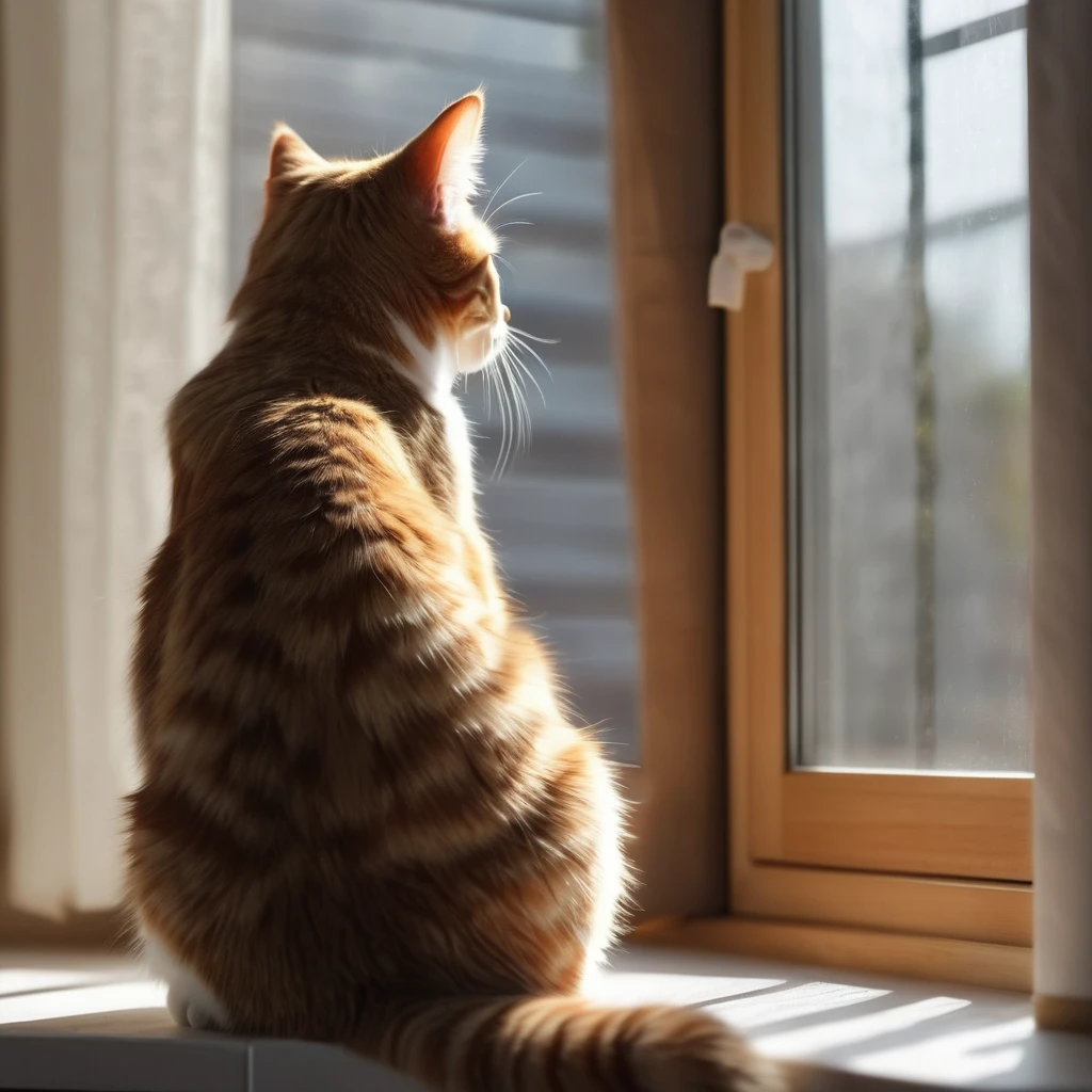 Back view of a cat looking outside by the window, backlight, no background, super delicate, photo, 3D