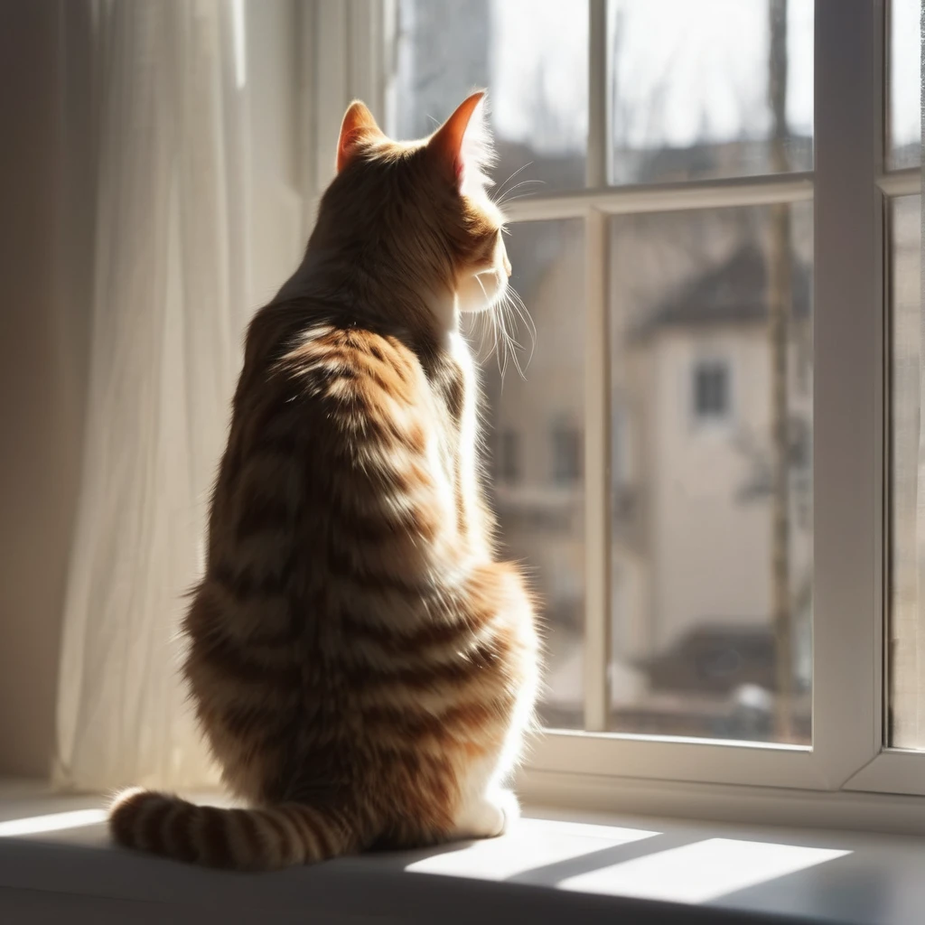 Back view of a cat looking outside by the window, backlight, no background, super delicate, photo, 3D