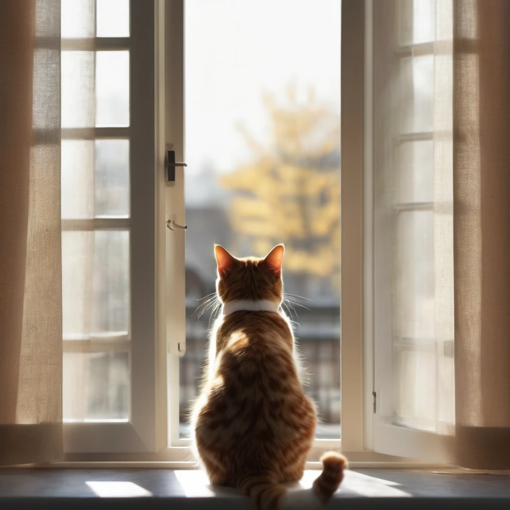 Back view of a cat looking outside by the window, backlight, no background, super delicate, photo, 3D