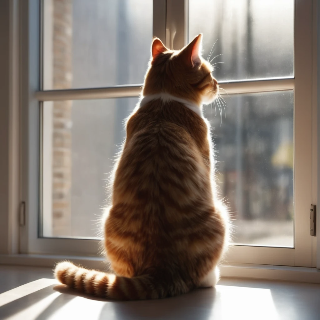 Back view of a cat looking outside by the window, backlight, no background, super delicate, photo, 3D