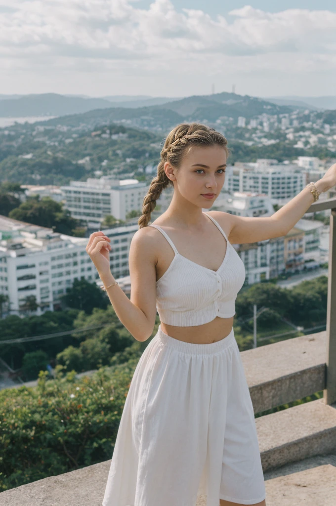 her name is Amelie, high quality, 1girl, ((20-year-old fit Caucasian woman)), ((20 years old)), ((fit)), ((Halo Braid)), pose: standing, wearing unique colored unique edgy gen Z modern wear, BACKGROUND: On top of Sugarloaf Mountain, looking out over the city and the iconic Copacabana Beach
