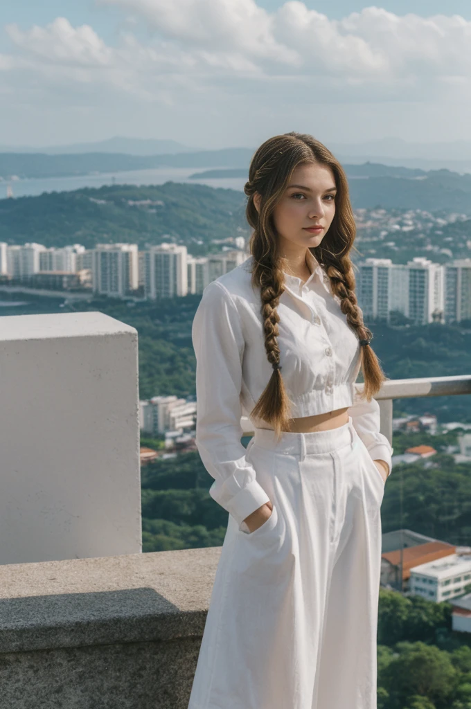her name is Amelie, high quality, 1girl, ((20-year-old fit Caucasian woman)), ((20 years old)), ((fit)), ((Halo Braid)), pose: standing, wearing colored unique edgy Generation Z modern wear, BACKGROUND: On top of Sugarloaf Mountain, looking out over the city and the iconic Copacabana Beach
