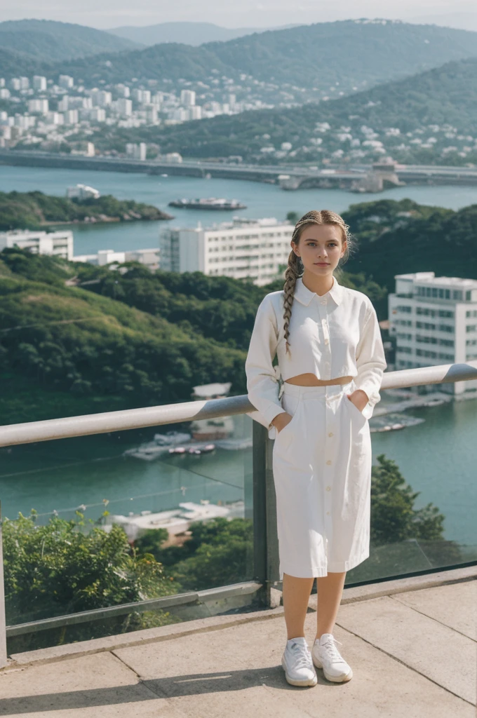 her name is Amelie, high quality, 1girl, ((20-year-old fit Caucasian woman)), ((20 years old)), ((fit)), ((Halo Braid)), pose: standing, wearing unique colored unique edgy gen Z modern wear, BACKGROUND: On top of Sugarloaf Mountain, looking out over the city and the iconic Copacabana Beach