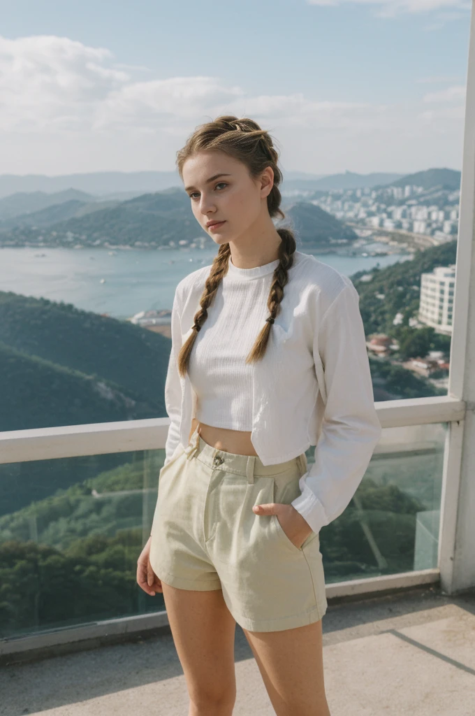 her name is Amelie, high quality, 1girl, ((20-year-old fit Caucasian woman)), ((20 years old)), ((fit)), ((Halo Braid)), pose: standing, wearing unique colored unique edgy gen Z modern wear, BACKGROUND: On top of Sugarloaf Mountain, looking out over the city and the iconic Copacabana Beach