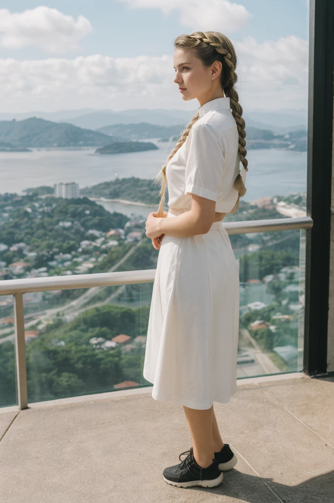 her name is Amelie, high quality, 1girl, ((20-year-old fit Caucasian woman)), ((20 years old)), ((fit)), ((Halo Braid)), pose: standing, wearing unique colored unique edgy gen Z modern wear, BACKGROUND: On top of Sugarloaf Mountain, looking out over the city and the iconic Copacabana Beach