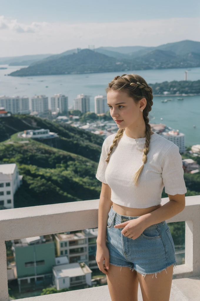 her name is Amelie, high quality, 1girl, ((20-year-old fit Caucasian woman)), ((20 years old)), ((fit)), ((Halo Braid)), pose: standing, wearing unique colored unique edgy gen Z modern wear, BACKGROUND: On top of Sugarloaf Mountain, looking out over the city and the iconic Copacabana Beach