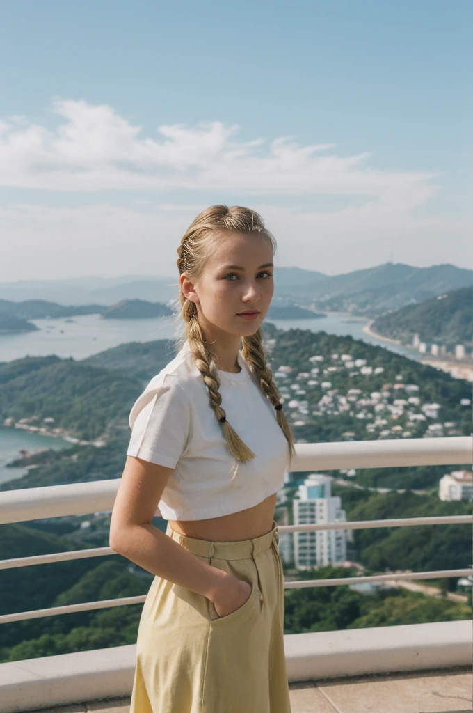 her name is Amelie, high quality, 1girl, ((20-year-old fit Caucasian woman)), ((20 years old)), ((fit)), ((Halo Braid)), pose: standing, wearing unique colored unique edgy gen Z modern wear, BACKGROUND: On top of Sugarloaf Mountain, looking out over the city and the iconic Copacabana Beach