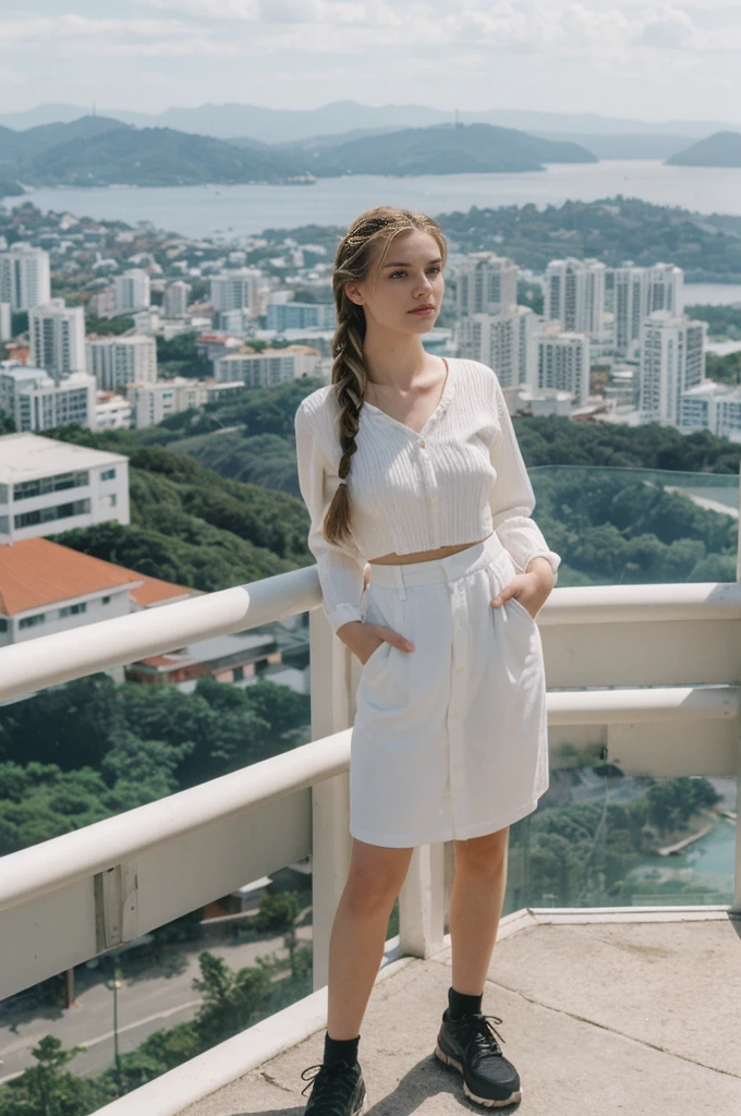 her name is Amelie, high quality, 1girl, ((20-year-old fit Caucasian woman)), ((20 years old)), ((fit)), ((Halo Braid)), pose: standing, wearing unique colored unique edgy gen Z modern wear, BACKGROUND: On top of Sugarloaf Mountain, looking out over the city and the iconic Copacabana Beach