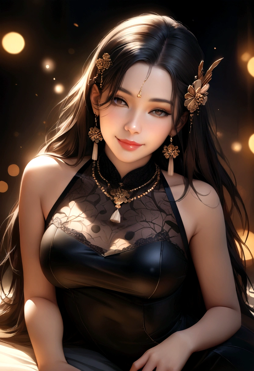 最high quality, masterpiece, High resolution, One girl, transparent silk china dress, Beautiful Face, hair ornaments, View your viewers, smile, Mouth closed,lips, dress,hair ornaments, necklace, jewelry, Long Hair, Earrings, Beautiful Face,On top of that_body, Tyndall effect,Realistic, Dark studio, Rim Light, Two-tone lighting,(Skin with attention to detail:1.2), 8K Ultra HD, Digital SLR, Soft lighting, high quality, Volumetric lighting, Frank, photograph, High resolution, 4K, 8K, Bokeh