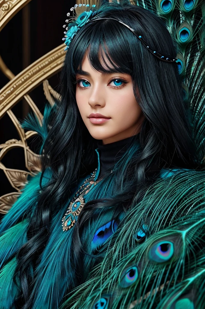 Anime, adult , handome male, beautiful cyan eyes, dark tone , long curly bluish black hairs, wearing royal clothes, peacock features on his head.