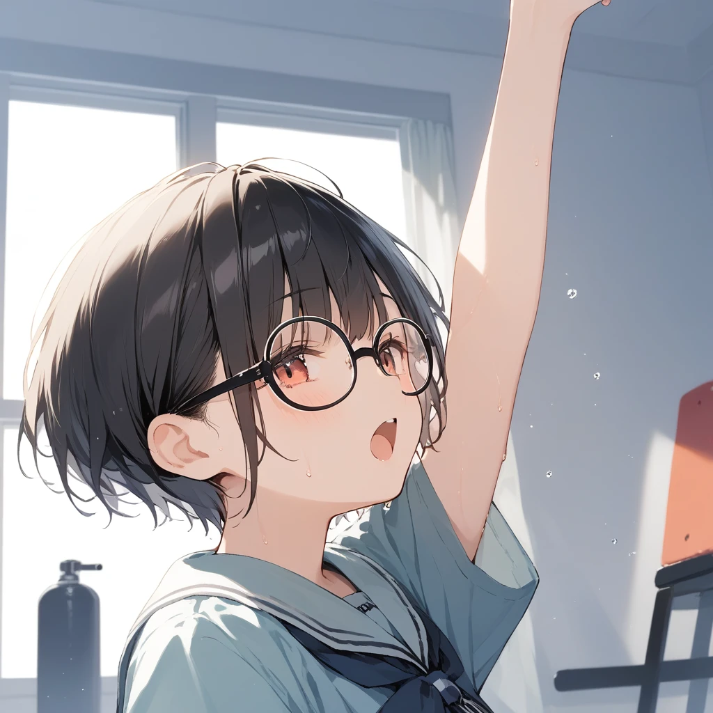 score_9, score_8_up, score_7_up, source_anime, best quality, masterpiece, official art, absurdres, highres, ultra-detailed,waifu2x,Collection: Slice of Life,break,1girl, very short hair,pixie cut, long bangs, glasses, uniform, small breasts, sweat, open mouth, (wavy mouth:0.3), indoors, gym, stretching, summer, break,(clear line illustration:1.2),very high resolution, very aesthetic, super detailed skin, Best sexual lighting powered by famous artist, 8k,cute picture,beauty illustration,photoshop_(medium),,(Detailed Lighting),best anime 8k konachan wallpaper, pixiv contest winner,