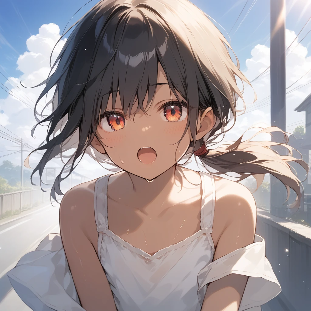 score_9, score_8_up, score_7_up, source_anime, best quality, masterpiece, official art, absurdres, highres, ultra-detailed,waifu2x,Collection: Slice of Life,break,1girl, tomboy, dark-skinned female, short hair, low ponytail, flat chest, beautiful detailed eyes, short shorts, sweat, open mouth, (yawn:0.3), sleepily, outdoors, wind, break,(clear line illustration:1.2),very high resolution, very aesthetic, super detailed skin, Best sexual lighting powered by famous artist, 8k,cute picture,beauty illustration,photoshop_(medium),,(Detailed Lighting),best anime 8k konachan wallpaper, pixiv contest winner,