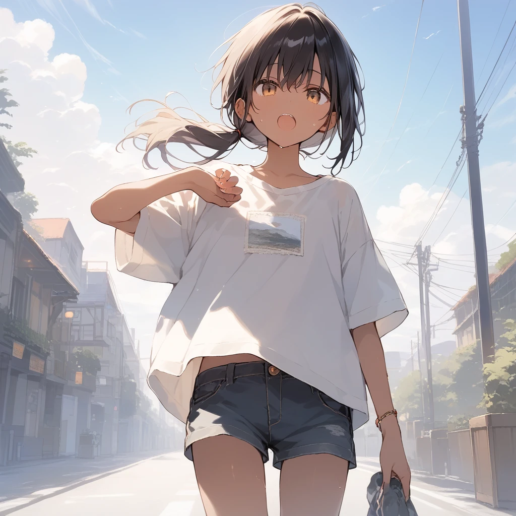score_9, score_8_up, score_7_up, source_anime, best quality, masterpiece, official art, absurdres, highres, ultra-detailed,waifu2x,Collection: Slice of Life,break,1girl, tomboy, dark-skinned female, short hair, low ponytail, flat chest, beautiful detailed eyes, short shorts, sweat, open mouth, (yawn:0.3), sleepily, outdoors, wind, break,(clear line illustration:1.2),very high resolution, very aesthetic, super detailed skin, Best sexual lighting powered by famous artist, 8k,cute picture,beauty illustration,photoshop_(medium),,(Detailed Lighting),best anime 8k konachan wallpaper, pixiv contest winner,
