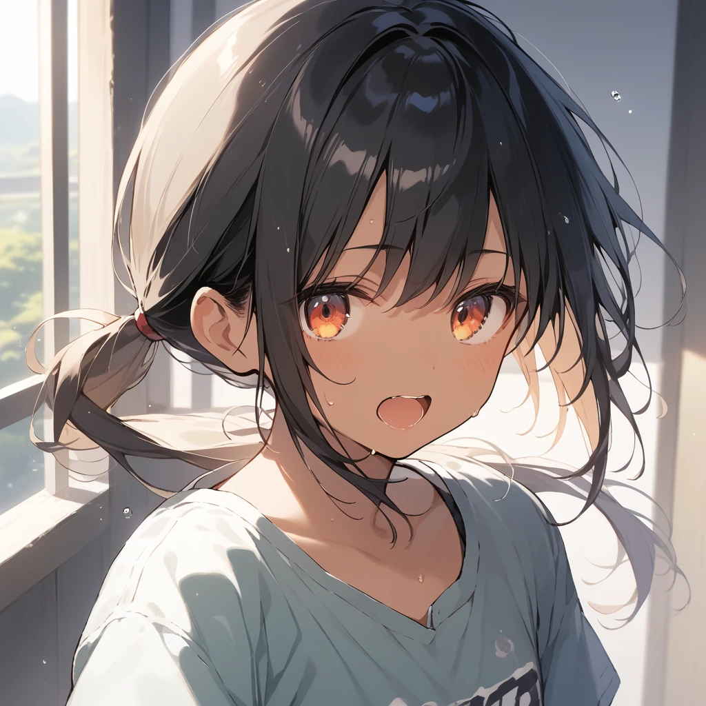 score_9, score_8_up, score_7_up, source_anime, best quality, masterpiece, official art, absurdres, highres, ultra-detailed,waifu2x,Collection: Slice of Life,break,1girl, tomboy, dark-skinned female, short hair, low ponytail, flat chest, beautiful detailed eyes, short shorts, sweat, open mouth, (yawn:0.3), sleepily, outdoors, wind, break,(clear line illustration:1.2),very high resolution, very aesthetic, super detailed skin, Best sexual lighting powered by famous artist, 8k,cute picture,beauty illustration,photoshop_(medium),,(Detailed Lighting),best anime 8k konachan wallpaper, pixiv contest winner, 