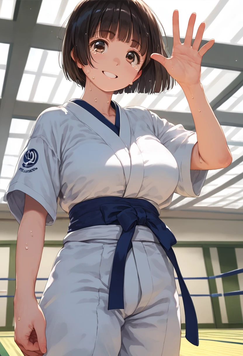 score_9,score_8_up,score_7_up,masterpiece,best quality, source anime, realistic, super detailed, extreme detailed, rating_safe,
1girl, solo, 22yo, short hair, bob cut, (blunt bangs), black hair, (tareme, detailed cute brown eyes), curled eyelashes, (large breasts:0.9), disheveled hair,
shiny hair, beautiful detailed eyes, beautiful face,
female judo, judo wear, (sweat:1.2), victory, happy, smile, tears, waving hand to audience, from below, cowboy shot,
gymnasium, tatami, Olympic Games, audience,