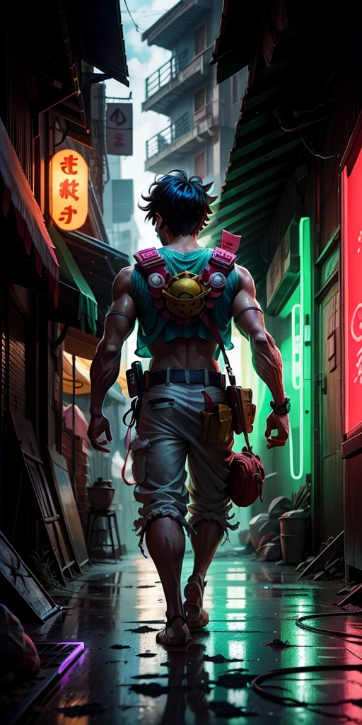 3D illustration(((Detailed))), Japanese anime「one piece」the protagonist of, Monkey D. Luffy, Armed with the latest protective gear, Beach sandals on your feet(((must)))The outline glows like a neon light, Running through a collapsing research facility in the dark, A dynamic appearance