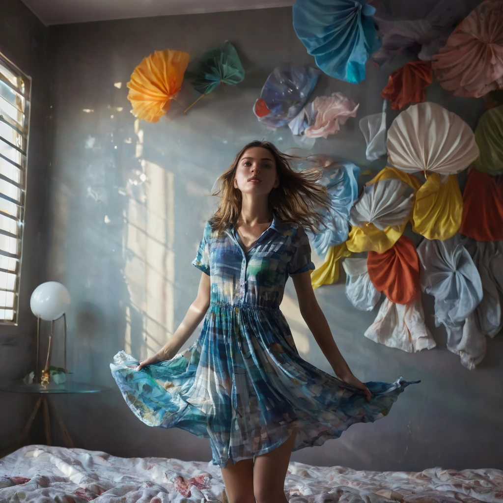 medium shot, (best quality of photo:1.3), aesthetic abstract art, (floating:1.3), a pretty girl with type of fabrics in spare room with fabrics decoration, (colorful:1.2), glass, wearing shirt dress, detailed face and hands, realistic hair, dramatic, cinematic lighting, shadow on her, rays, realistic object, realistic girl, realistic skin, realistic dress, motion blur, ultra highly detailed, sharp focus, dynamic composition, shot by sony a9 with 100mm lens f/5.4, midjourney v6 photorealistic