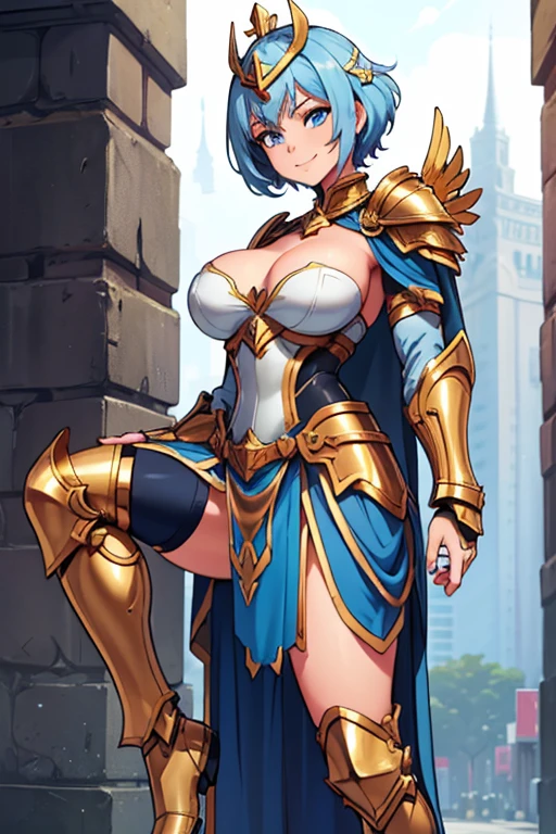 female, gold short hair, blue eyes, (((1girl))), (((gold and blue gladiator armor))), (white skirt), (black armors boots), (blue metal gauntlets), (gold and blue winged helmet), cute and sexy, full body, large breasts, large butt, long legs, smiling