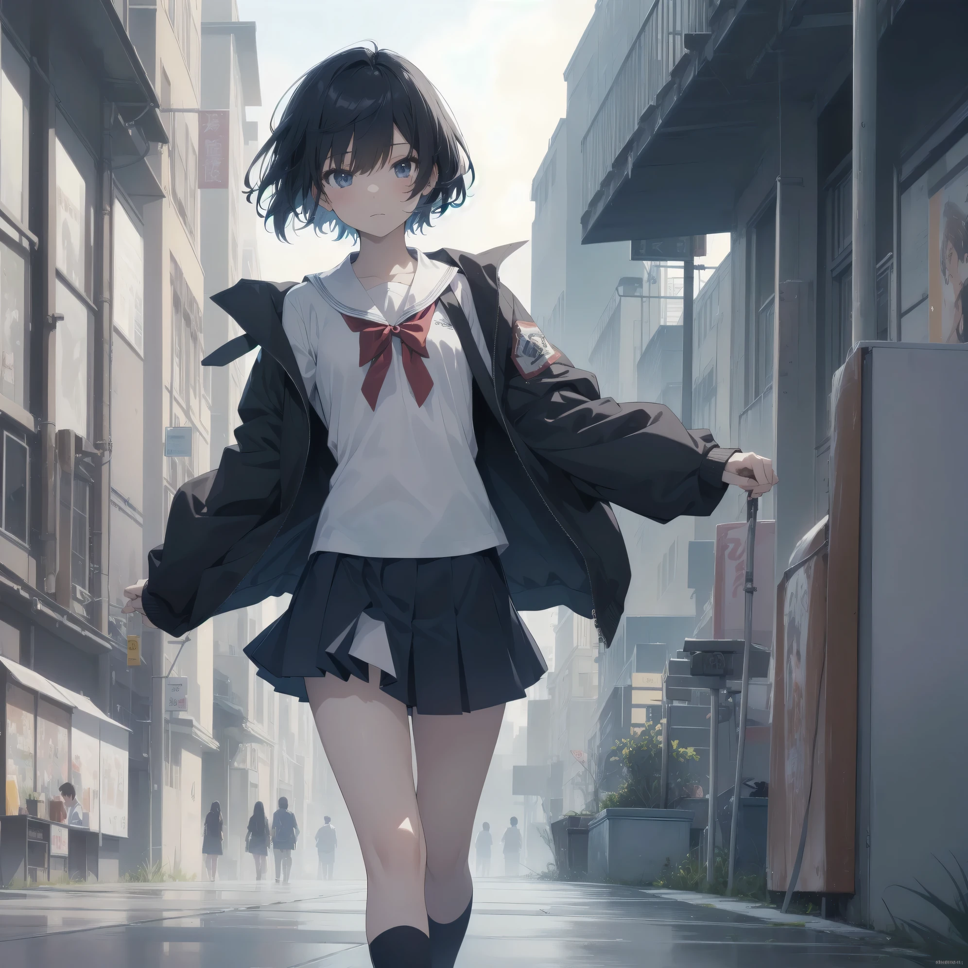 ultra-absurdres-Top quality by artist God, ultra-detailed, high resolution, anime moe artstyle, best anime 8k konachan wallpaper, pixiv contest winner, pool:2810, perfect anatomy,break, 1girl, (Please draw a girl walking sleepily to school alone. )break,(Solo,little female, 13-year-old:1.3),Full limbs, complete fingers,a junior high school student, (very short hair), short cut, flat chest, , small butt, small black eyes, beautiful detailed eyes, well-proportioned iris and pupils, expressive eyes, highres detailed hair, soft expression, salor school_uniform, sailor collar, serahuku, bow, pleated skirt,(Detailed Lighting), (Detailed background), in the School commute route. break,super detailed skin, Best cinematic lighting powered by famous artist, 8k,beauty illustration,photoshop_(medium),very aesthetic,break,((artist:mochi_au_lait )), artist:clamp ,artist:carnelian ,artist:kantoku ,