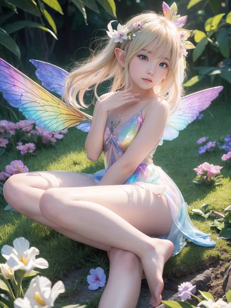 (A shining blonde fairy sitting on a flower (Elf)), Surrounded by colorful flowers, ((A girl with a pair of beautiful, transparent, shiny wings on her back.))、翼からShine鱗が飛ぶ, (A rainbow-colored dress that shines through the light), Wavelength dispersion, colored glaze, Multicolor prism effect, Rainbow Core, iris, Highly detailed background,Realistic,Ultra-detailed,Highly detailed skin,Shine,Film Grain,According to II,Lens flare,sharp,Shadows in the movie