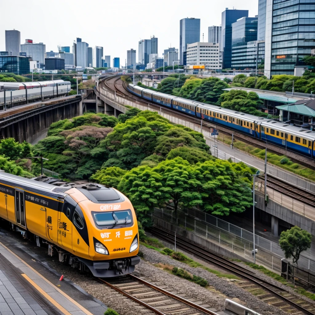 Japan。train。home。銀色のtrain。青いラインの装飾のtrain。City。Cityのhome。Standard Rail