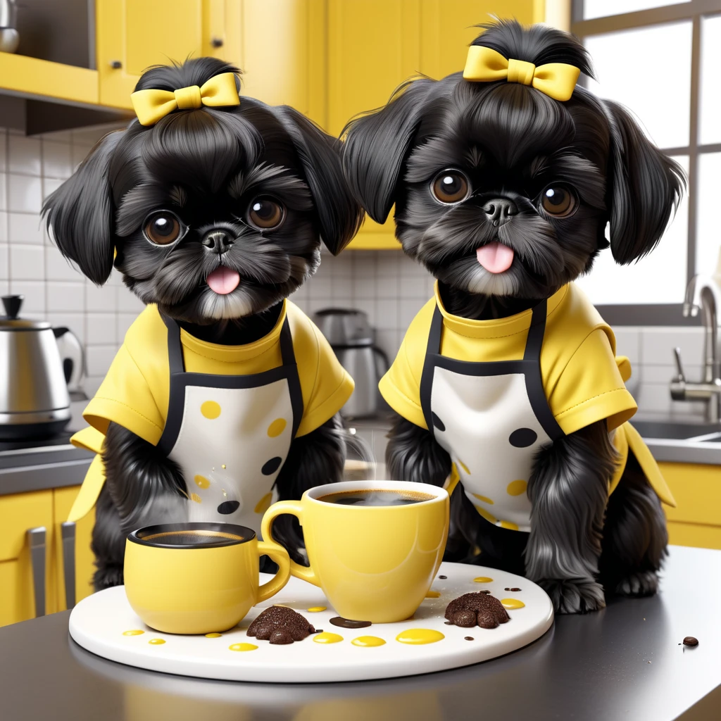 2 Adorable small black Shih Tzu puppies wearing yellow collars and aprons making coffee making a mess in Disney kitchen 3d cartoon, 3d render, disney pixar style