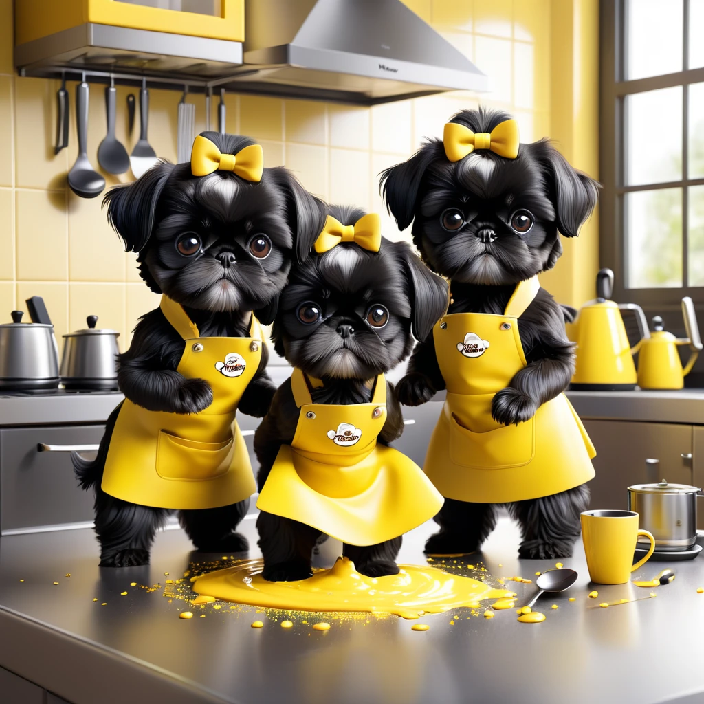 2 Adorable small black Shih Tzu puppies wearing yellow collars and aprons making coffee making a mess in Disney kitchen 3d cartoon, 3d render, disney pixar style