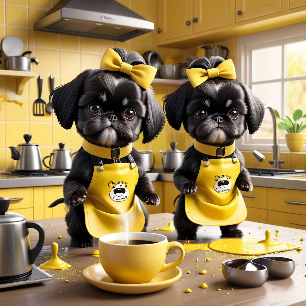 2 Adorable small black Shih Tzu puppies wearing yellow collars and aprons making coffee making a mess in Disney kitchen 3d cartoon, 3d render, disney pixar style
