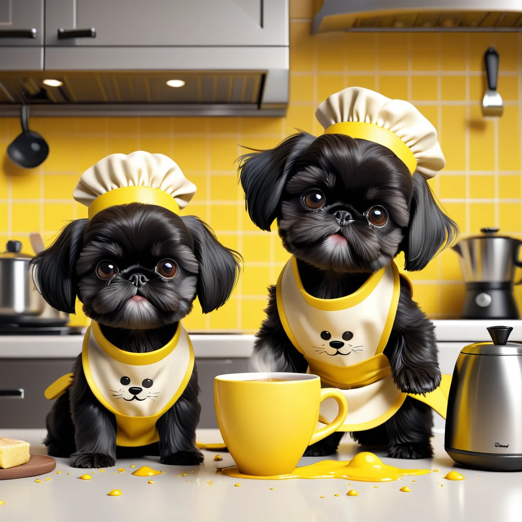 2 Adorable small black Shih Tzu puppies wearing yellow collars and aprons making coffee making a mess in Disney kitchen 3d cartoon, 3d render, disney pixar style