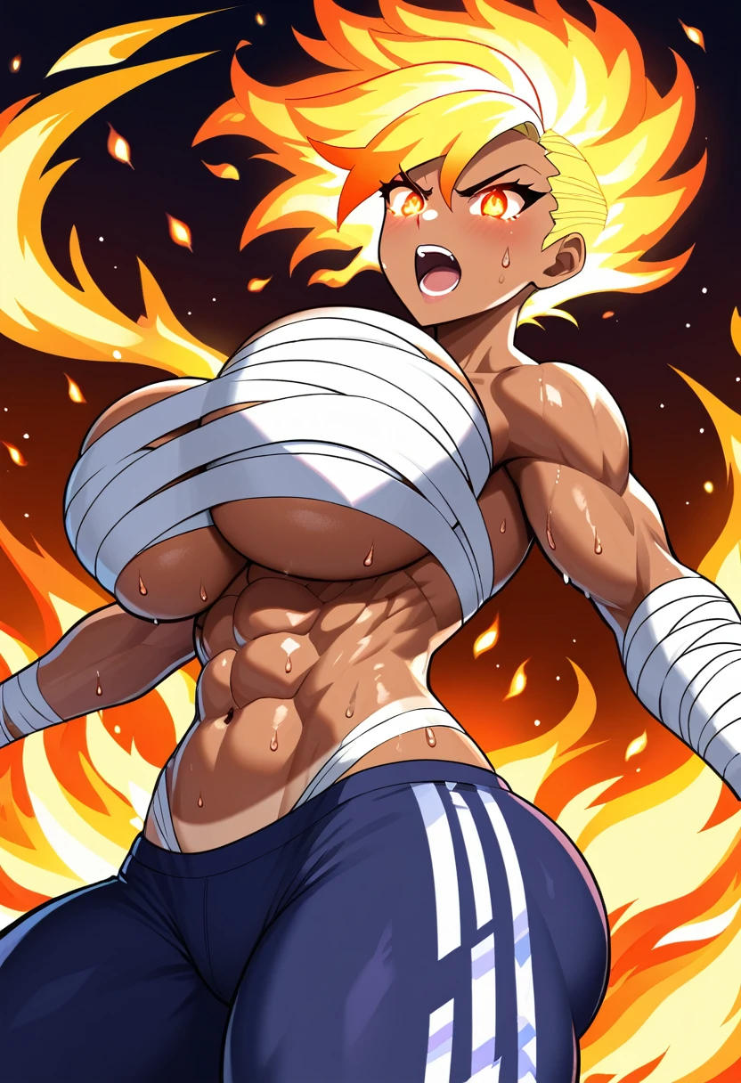 Prompt 

detailed illustration, (front view), (side view),dynamic angle, ultra-detailed, illustration, clean line art, shading, anime, detailed eyes, detailed face, beautiful face, dramatic lighting, detailed illustration, dynamic angle, ultra-detailed, illustration, single woman 

Fit, toned abs, muscular abs, detailed abs, ((volleyball shorts)), ((fundoshi breast wrap)), big round ass, big tits, caramel tan skin, dark skin tone, wide hips, proportional waist, thunder thighs, (blazing blonde hair), (glowing eyes), glowing sclera, muay thai wraps, strong biceps, sweat, ((bandaged breasts)), flaming hair, hair is fire, flames rolling down skin, clothes catching on fire, embers, sweats fire, sweat is fire, tan lines, Hispanic, Latina, tight pants, bandage wrapped around chest, brown skin, angry, mad, yelling, fists on fire, fighting, fire, flaming fists, fire shooting out of eyes, sweating fire, sweat’s little embers, massive breasts, big tits, , bubble butt, massive ass, flames in hair, hair on fire, long hair