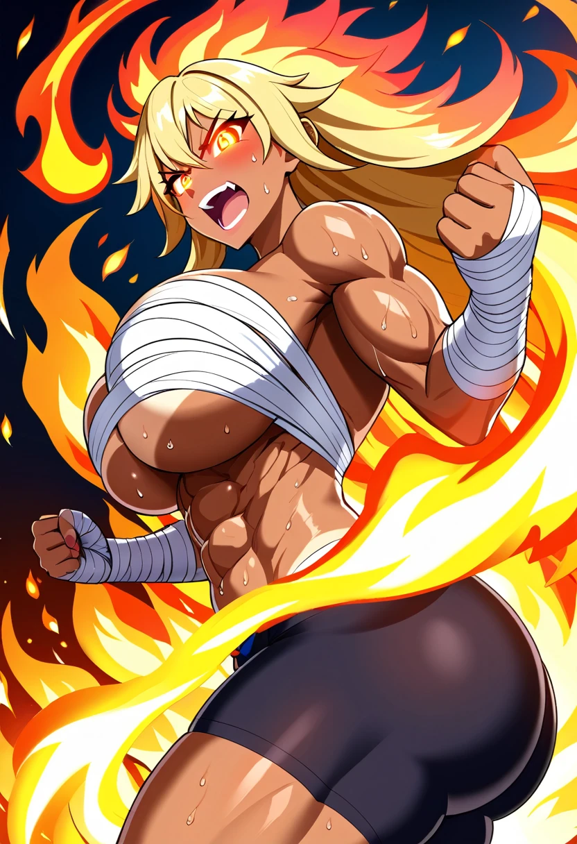 Prompt 

detailed illustration, (front view), (side view),dynamic angle, ultra-detailed, illustration, clean line art, shading, anime, detailed eyes, detailed face, beautiful face, dramatic lighting, detailed illustration, dynamic angle, ultra-detailed, illustration, single woman 

Fit, toned abs, muscular abs, detailed abs, ((volleyball shorts)), ((fundoshi breast wrap)), big round ass, big tits, caramel tan skin, dark skin tone, wide hips, proportional waist, thunder thighs, (blazing blonde hair), (glowing eyes), glowing sclera, muay thai wraps, strong biceps, sweat, ((bandaged breasts)), flaming hair, hair is fire, flames rolling down skin, clothes catching on fire, embers, sweats fire, sweat is fire, tan lines, Hispanic, Latina, tight pants, bandage wrapped around chest, brown skin, angry, mad, yelling, fists on fire, fighting, fire, flaming fists, fire shooting out of eyes, sweating fire, sweat’s little embers, massive breasts, big tits, , bubble butt, massive ass, flames in hair, hair on fire, long hair