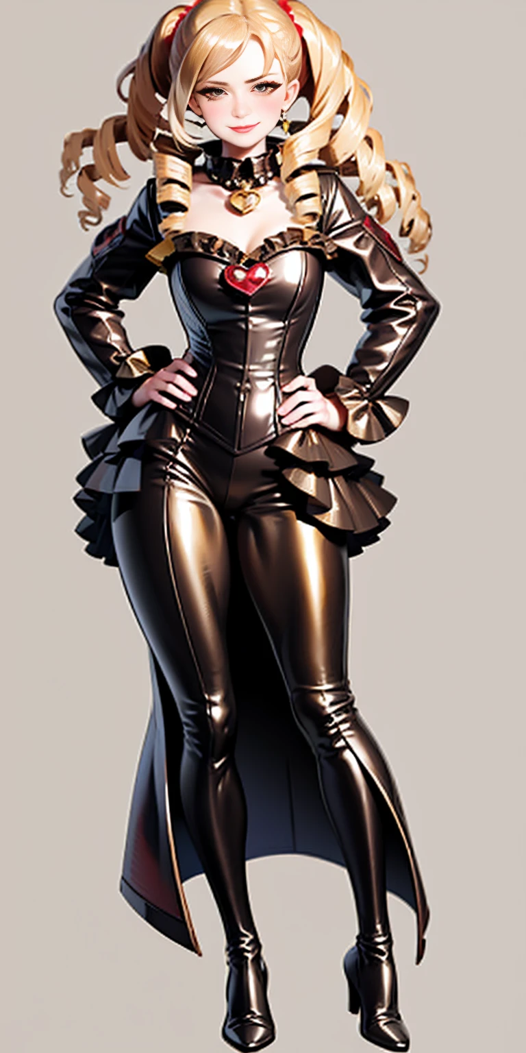 1solo Milf full body standing straight symmetrical, looking at viewer, hands on hips, twin drills twintails, striped pantyhose, golden handcuffs on their hands with a black leather collar around the golden heart necklace and black leather choker with golden bell, hands on hips, lustful smirking smile face red blushed