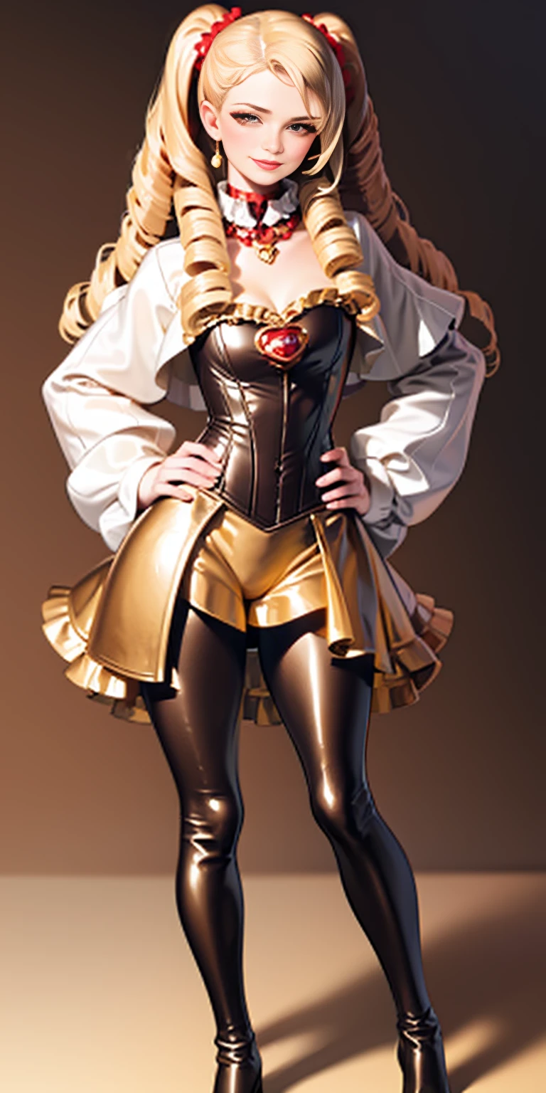 1solo Milf full body standing straight symmetrical, looking at viewer, hands on hips, twin drills twintails, striped pantyhose, golden handcuffs on their hands with a black leather collar around the golden heart necklace and black leather choker with golden bell, hands on hips, lustful smirking smile face red blushed