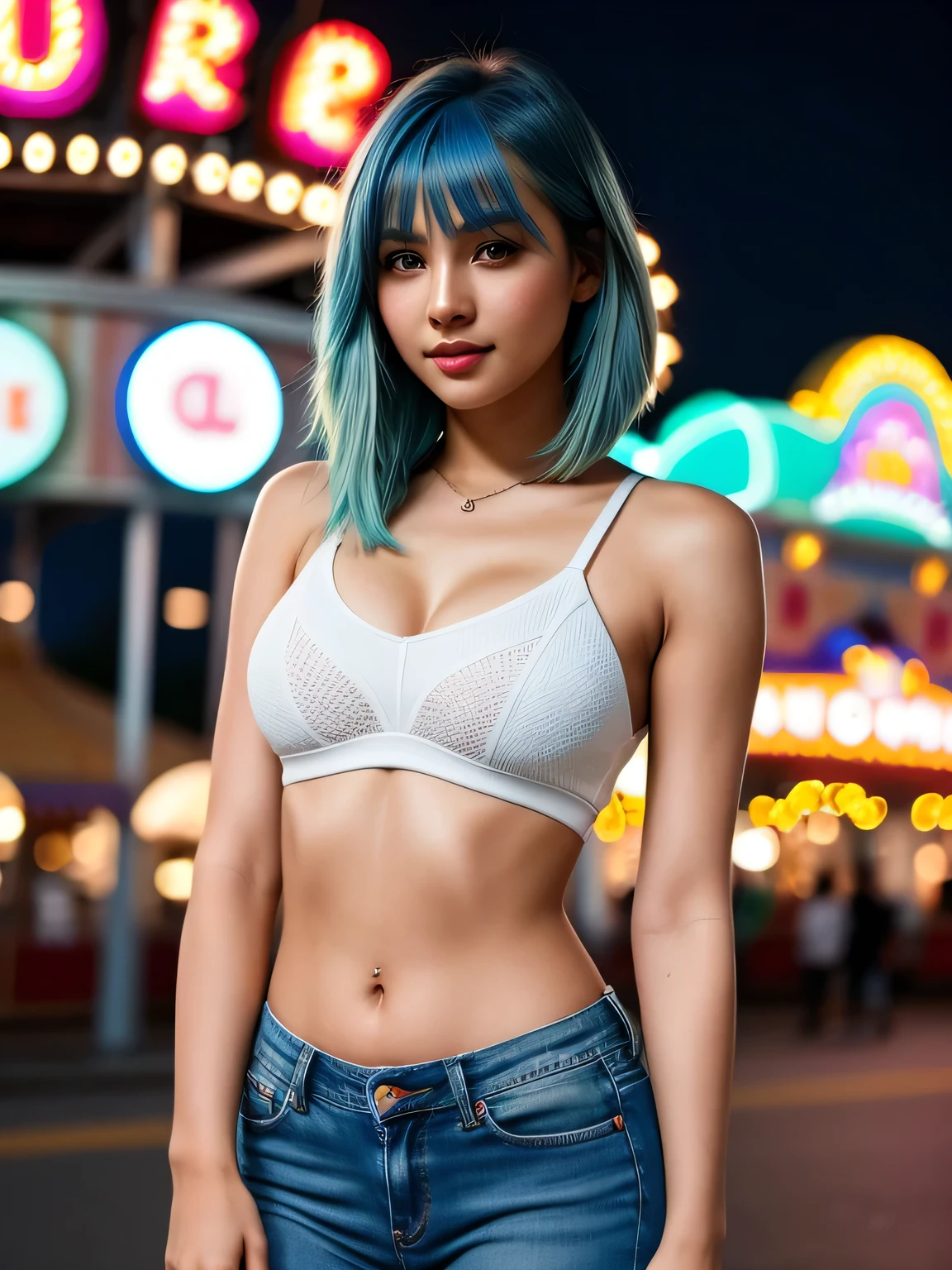 (blue hair:1.4), short hair, realistic green eyes, cobalt hair, long bob hair, tousled hair, shoulder length hair, Full body, woman with white skin and Asian features, 24 year old, big breast. She has a small, elegant nose with a slight upward curve at the tip. Her lips are full and naturally pink, with a well-defined Cupid's bow. Her teeth are straight and white, enhancing her captivating smile. Her face has an oval shape with high cheekbones that add to her model-like appearance. (crack), detailed (texture!, shine, color!!, flaws: 1.1), highly detailed glowing eyes, (looking at camera), specular light, dslr, extreme quality, crystal clear, cute face, detailed skin pores, oil Dark skin, brown, complex eye details, she is far from the camera, A full-body portrait, captured from a distance. Dynamic Frame, 8K, Best Quality, posing with an amusement park glowing neon in the background during night, dressed in a cute colorful crop top and jeans. its lights creating a blurred, dreamy effect. This realistic portrayal captures every aspect of her beauty and the enchanting atmosphere of the amusement park at night, complete with her charming outfit and delightful treat. 8K, Ultra-HD, Super-Resolution. short hair