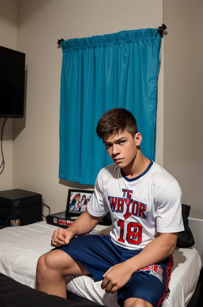 A  boy sitting in his room and watching WWE match on tv the boy is wearing a John Cena jersey with John name written on it 