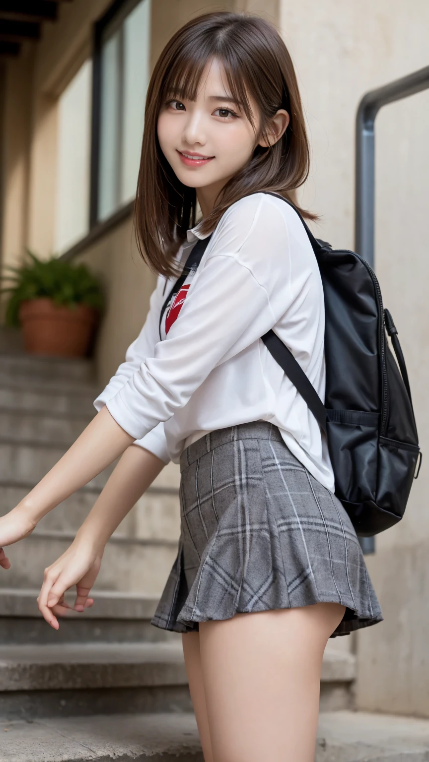 ((masterpiece)),(((Highest quality))),Thin thighs,Long legs,An 18-year-old high school girl standing on the school steps,White shirt,Blue and red plaid mini skirt:1.5,The best smile,White panties:1.5,Short-cut blonde:1.5,short side wave,Carrying a black backpack,Wear black loafers,Lower body zoom up:1.5,Legs spread and butt sticking out pose:1.5,