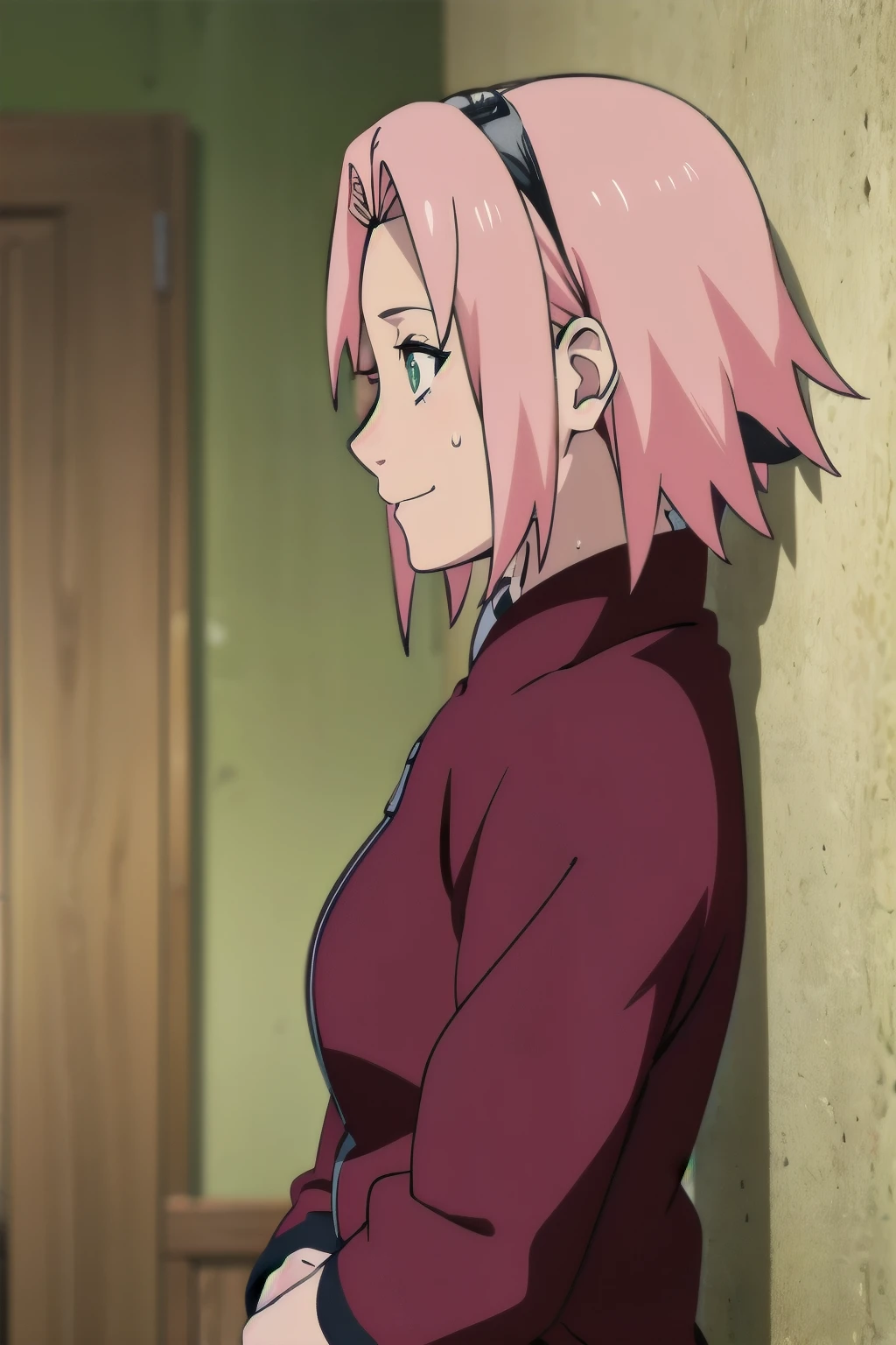 Sakura Haruno,1girl, solo, upper body, side view, viewed from side, smile, sensual expression,eyes closed,leaning forwards,leaned forwards,sweaty